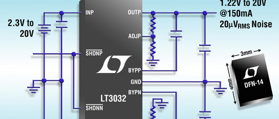 Double régulateur LDO ±20 V ±150 mA, à très faible bruit