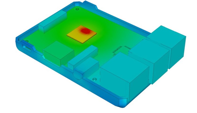 Thermal simulation highlights processor as clear hotspot. Image: Tom Gregory, 6SigmaET.