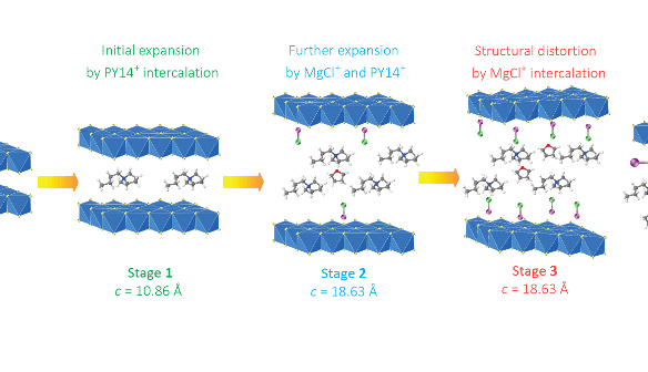 The structural evolution of titanium disulfide at different stages of intercalation. The Interlayer expansion is a result of distortion created by organic pillars. Source: Courtesy University of Houston