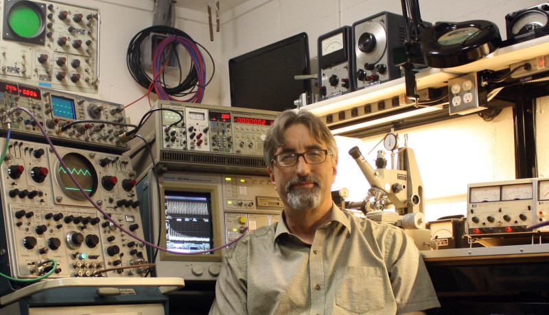 Los Angeles-based electrical engineer George Lydecker in his electronics workspace.