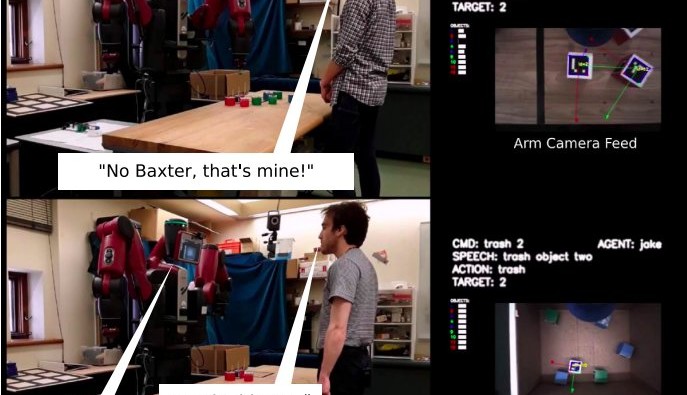 Human-robot interaction. Above: Robot is advised when it is about to trash object 2. Below: After learning ownership and action privileges through interaction, the robot refuses to trash object 2 when asked by someone other than the owner. Image: Tan, Brawer & Scassellati / Yale University.
