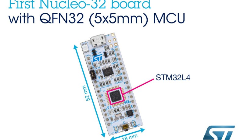 The slim-form-factor NUCLEO-L432KC board – the first Nucleo-32 board to integrate an MCU in the tiny QFN32 package - includes an STM32L432KCU6 device (UFQFPN32).