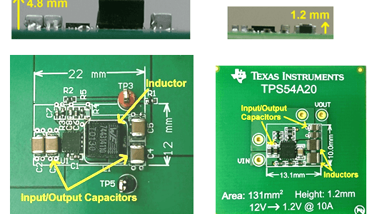 Größenvergleich eines 10-A-Schaltreglers mit 500 kHz vs. 2 MHz: Bild: TI