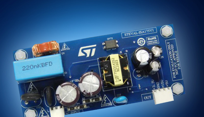 The ST STEVAL-ISA175V1 evaluation board includes an onboard VIPer26HD IC with an 800V avalanche ruggedness power MOSFET.