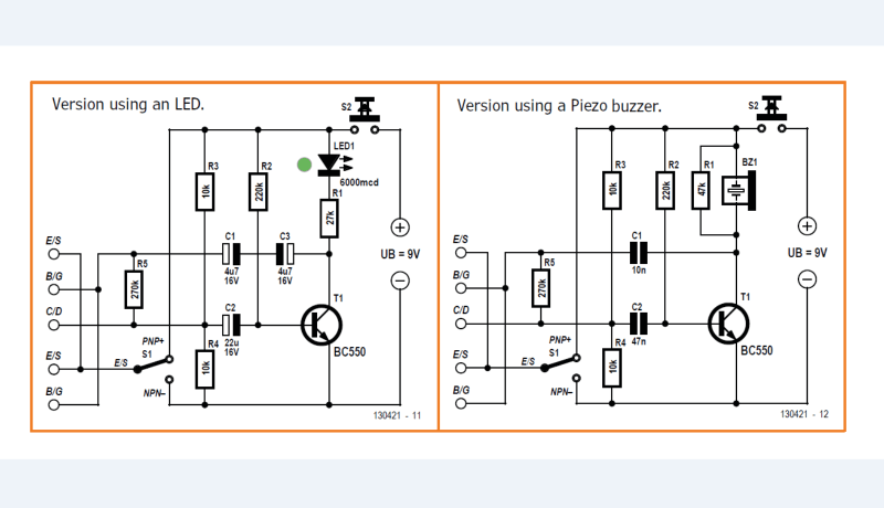 Schaltung: Einfacher Transistortester mit LED-Anzeige oder Piezo-Summer