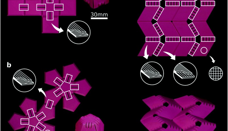 Selbstfaltende Elemente (hier als weiße Rechtecke dargestellt) verbinden die semi-passiven Flächen von Origami-Strukturen. a: Eine flache Konstruktion aus sechs Flächen faltet sich zu einem Würfel. b: Auf die gleiche Weise wird ein Dodekaeder (Zwölfflach) erstellt. c: Das Miura-ori-Faltmuster besteht aus zwei verschiedenen selbstfaltenden Elementen (Bild: Royal Society of Chemistry/Materials Horizons/Creative Commons).
 