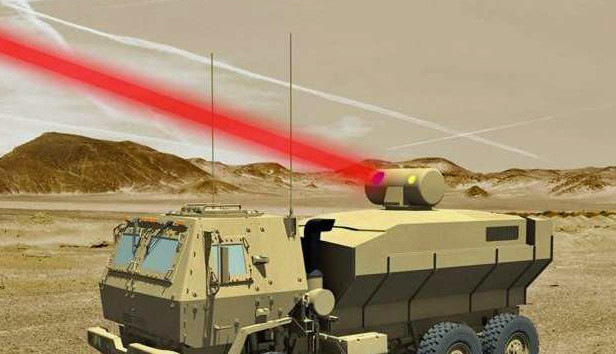 Présentation d'un canon à laser de 60 kW embarqué sur véhicule militaire blindé destiné aux forces armées américaines. Illustration : Lockheed Martin 