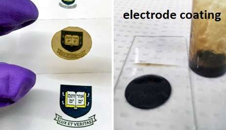 Links: de nieuwe coating op een objectglaasje; rechts: elektrode die met het materiaal is gecoat (Foto's: Yale University).