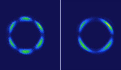 Lichtpatronen gegenereerd door een kristal op basis van rhenium: links de normale variant, rechts de 3D quantum-variant (foto © Hsieh Lab / Caltech).