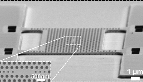 Een beeld gemaakt met elektronenmicroscoop van het geperforeerde membraan, met in het midden de ‘photonic crystal cavity’ (de onderbreking van het gaatjespatroon). Linksonder een detail van deze ‘lichtval’. (Foto: TU Eindhoven.)