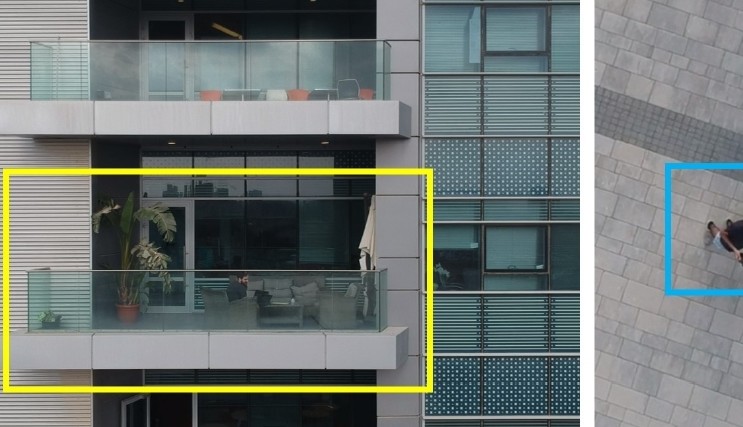Links is de drone rood omkaderd. Midden: dit mag dus niet — door het venster van een kantoor filmen; rechts: dit mag wel — een selfie uit de lucht maken (foto: Adi Shamir et al.).