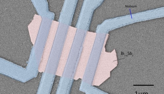 Door supergeleidende niobium-elektroden op een dun plakje met antimoon ‘verontreinigd’ bismuth kan bij een temperatuur van 10 mK een stroom weerstandsloos door het materiaal lopen (afbeelding: Universiteit Twente).