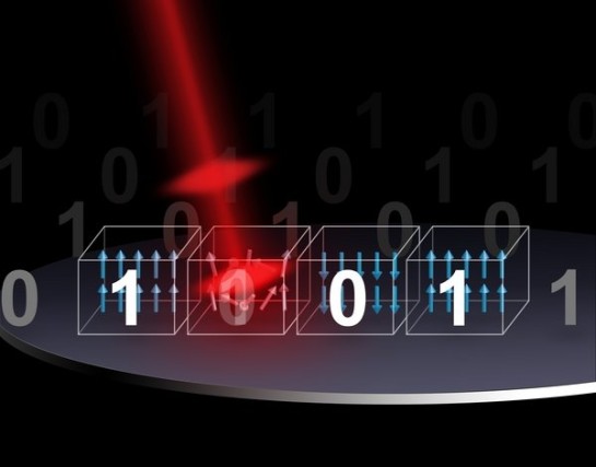 ‘Artist impression’ van het optische schakelen van magnetische bits. Een laserpuls (rood) verandert de richting van de magnetisatie en bepaalt daarmee of het een 0 of een 1 wordt (afbeelding: TU Eindhoven).