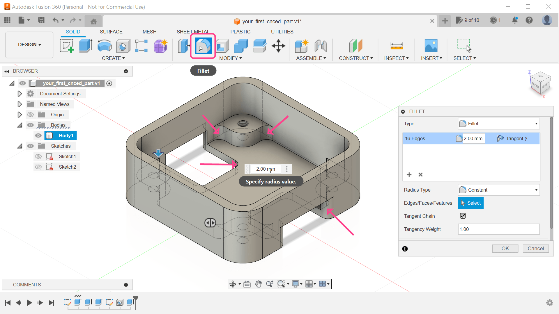 Internal edges of the enclosure.