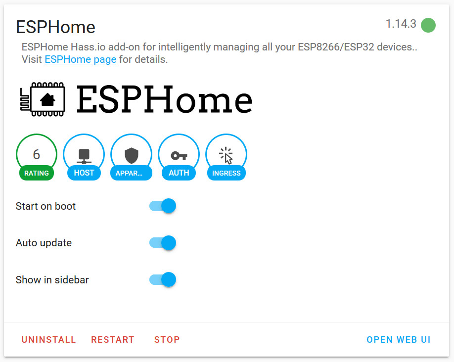 'Show in sidebar' option activated for the ESPHome add-on for Home Assistant.