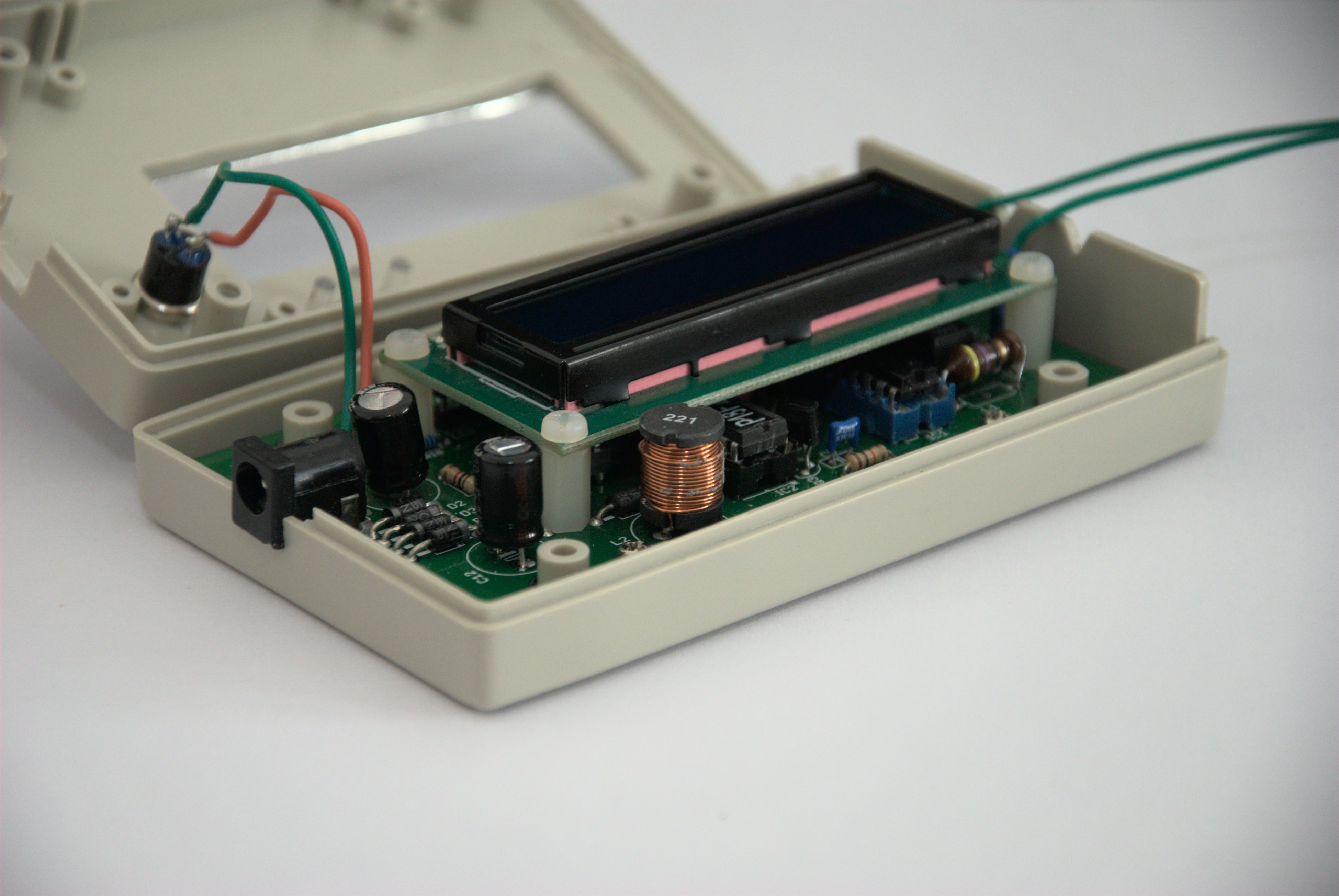 The circuit board for the inductance meter in the enclosure