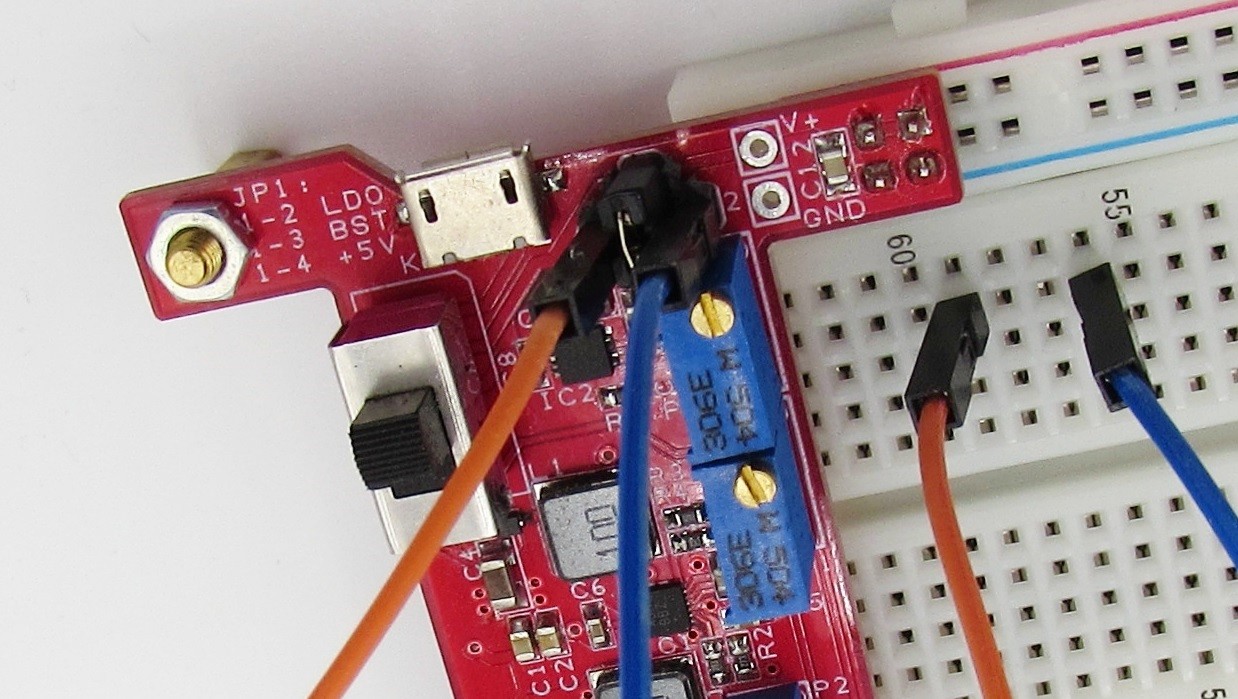 the jumper wires connect VLDO and +5 V to the breadboard.