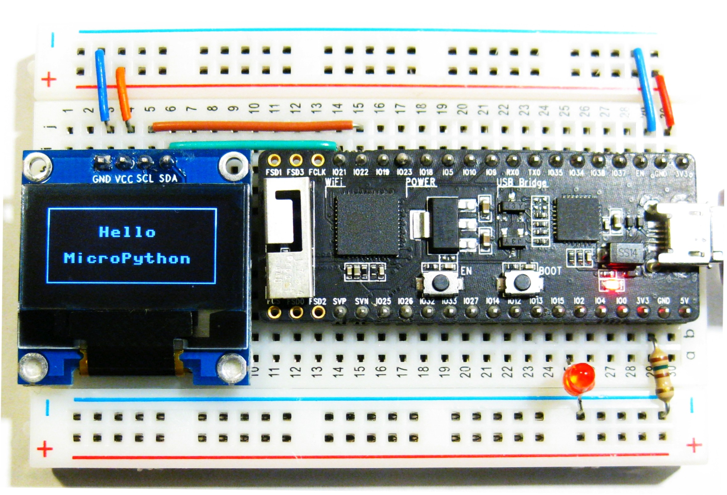 MicroPython voor de ESP32: ESP32-microcontroller met een OLED-display en een LED aangesloten op pin 2.
