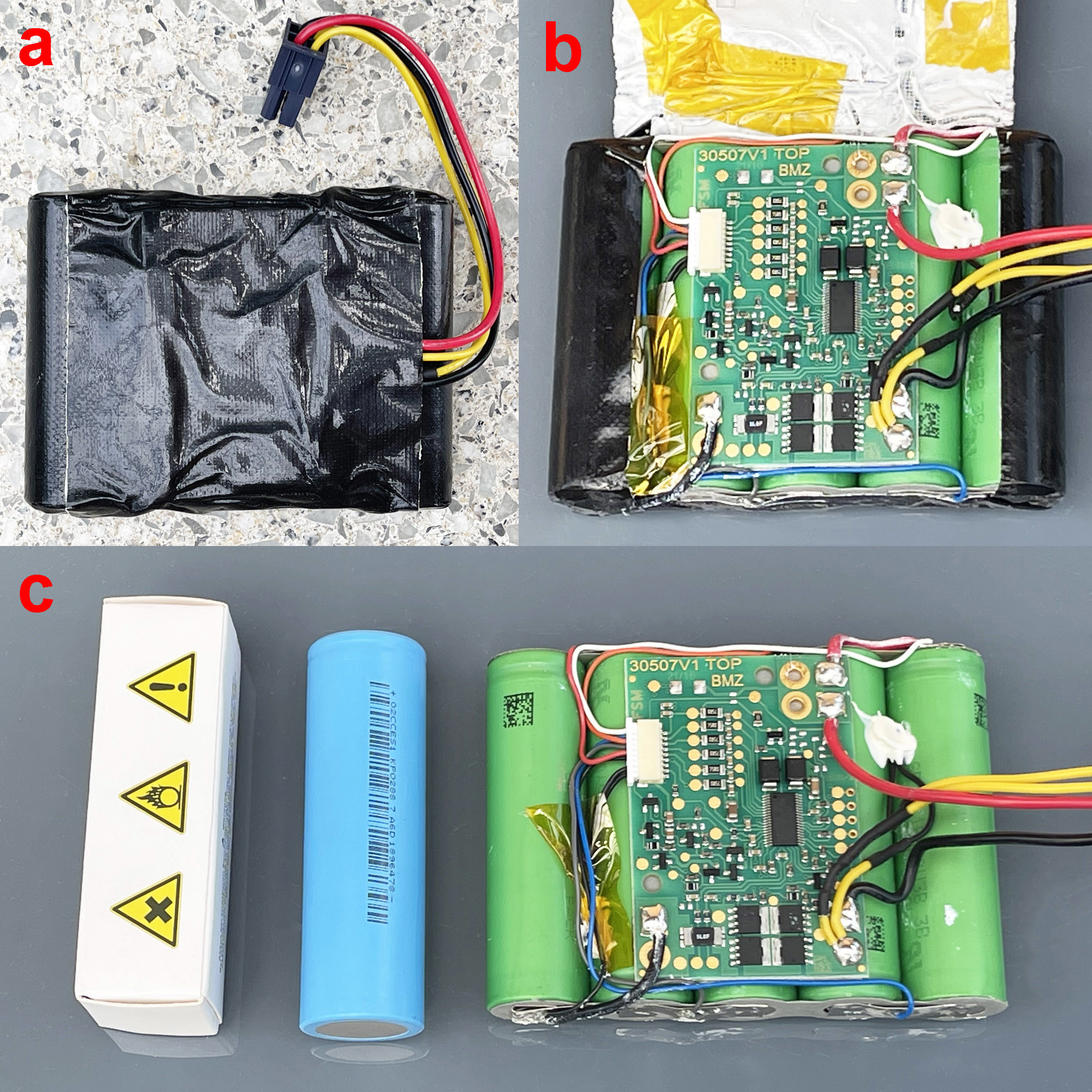 The old battery pack, the cells and BMS
