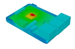 Thermal simulation highlights processor as clear hotspot. Image: Tom Gregory, 6SigmaET.