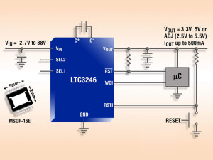 Buck-boost charge pump features watchdog and reset timers