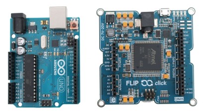 Arduino Uno R3 next to Flip & click board