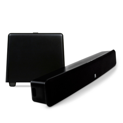 De Boston Acoustics TVee Model 20 wordt geleverd met een compacte, draadloze subwoofer.