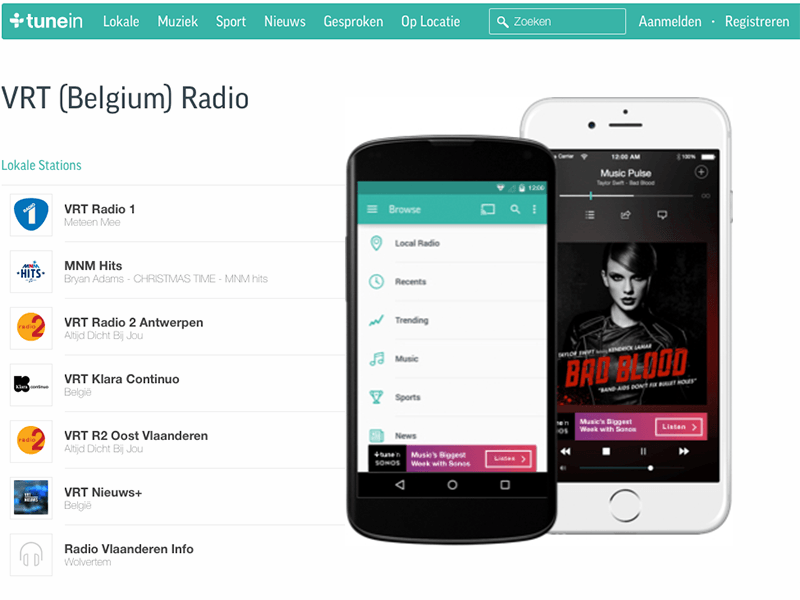 VRT-radiostations opnieuw via TuneIn