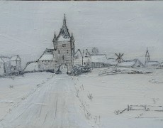 Winter in Vianen anno 1639 met zicht op de Lekpoort.