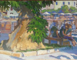 Zomer op kade van Alghero met olifantenboom