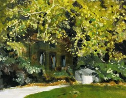 Vervallen huis in donker bos