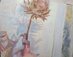 Gedroogde artisjokbloem in roze vaas, atelierstuk.