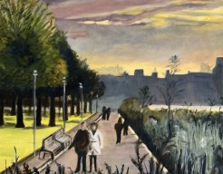 Ondergaande zon langs de Kralingse Plas.