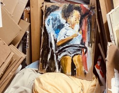 Having her icecream watching me in my painting studio