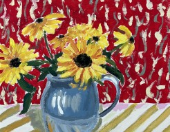 Zonnebloemen en zonnehoedjes in vaas (studie)