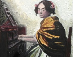 Meisje achter virginaal. 