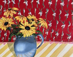 Zonnebloemen en zonnehoedjes in vaas