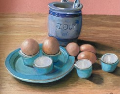 Stillleven Schaaltje met eieren en oude zoutpot