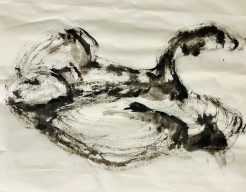 De dans van een zwerm spreeuwen in zwarte inkt - sumi-e 