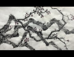 Kersenbloesem in sumi-e in combinatie met houtskool. 