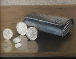 Stilleven “ Oude munten met portemonnee ”