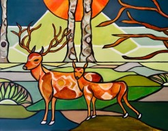 Moederhert met haar jong in vrolijk fantasielandschap