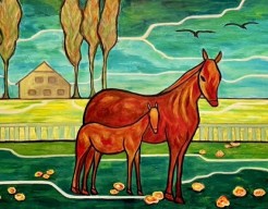 Merrie met veulen in weids boerenlandschap