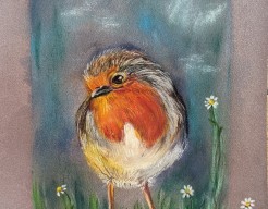 Roodborstje met kleine bloempjes 