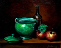 Stilleven met fles en appels