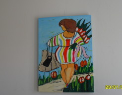 Dikke dame met een bos tulpen