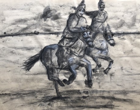 Mongoolse mannen te paard in de steppe. 