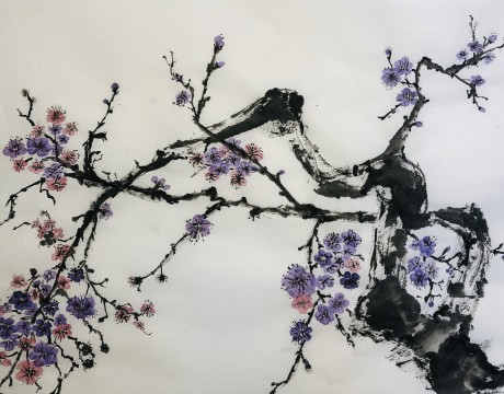 Pruimenbloesen in sumi - e 