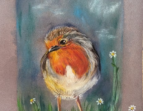 Roodborstje met kleine bloempjes 