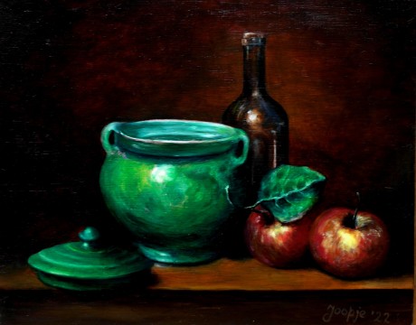 Stilleven met fles en appels